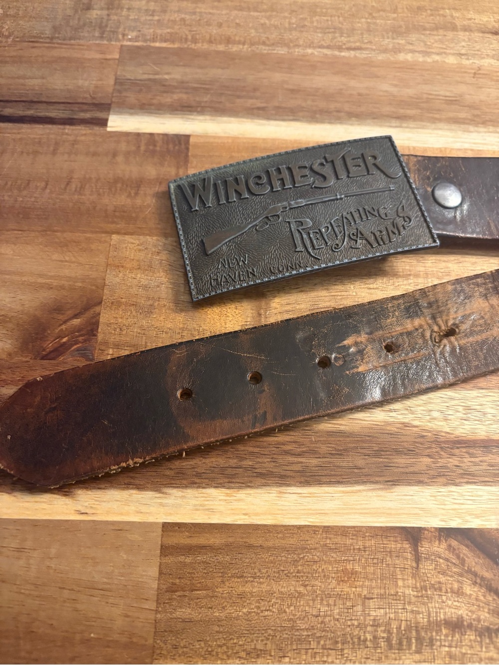 Winchester Embossed Leather Belt with Rifle Motif - Brown